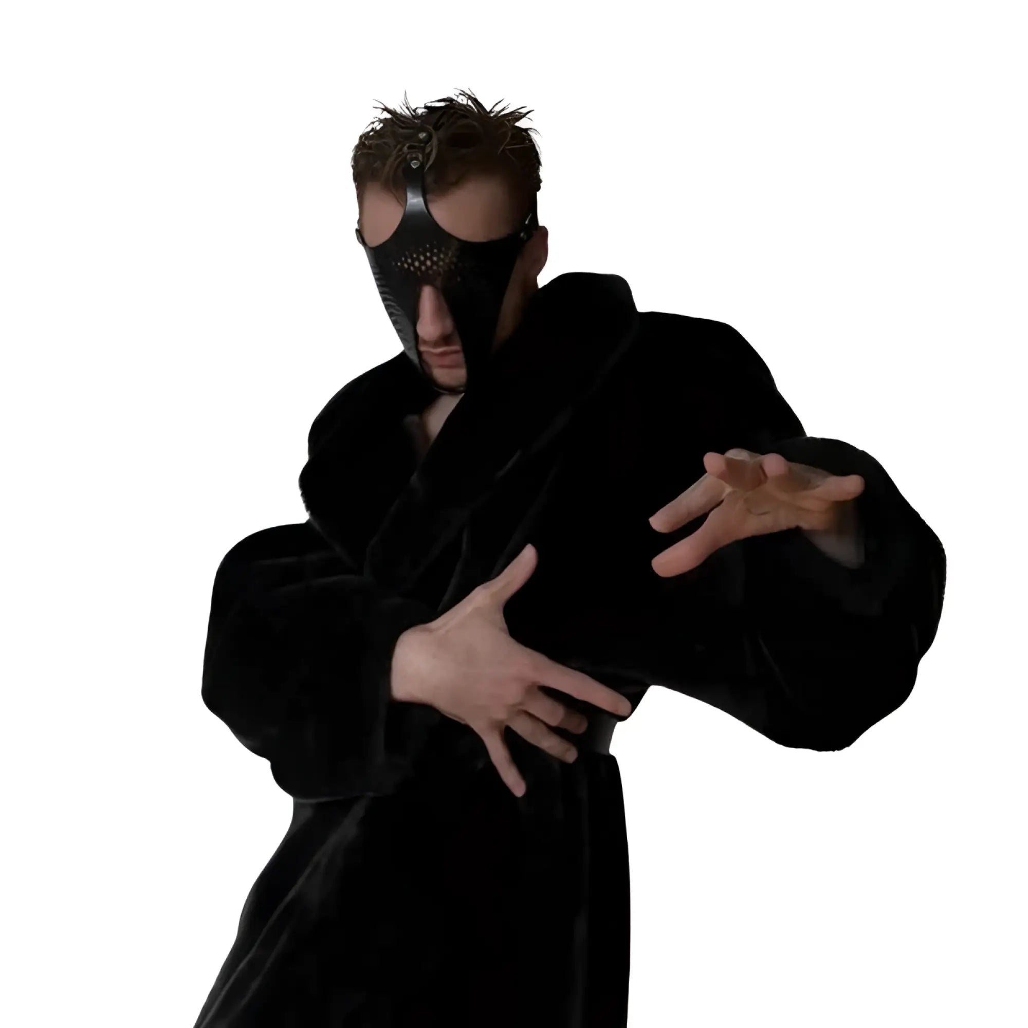 Black faux fur robe with high collar and long sleeves paired with daytona ex machina genuine leather mask black