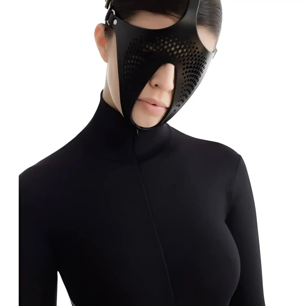 Black perforated genuine leather face mask daytona ex machina with adjustable straps for comfortable fit