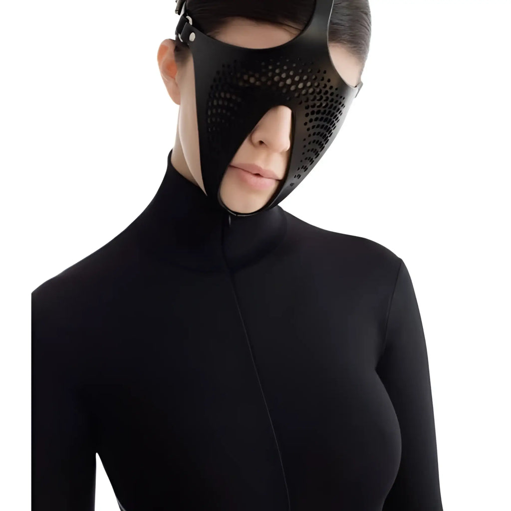 Black perforated genuine leather face mask daytona ex machina with adjustable straps for comfortable fit