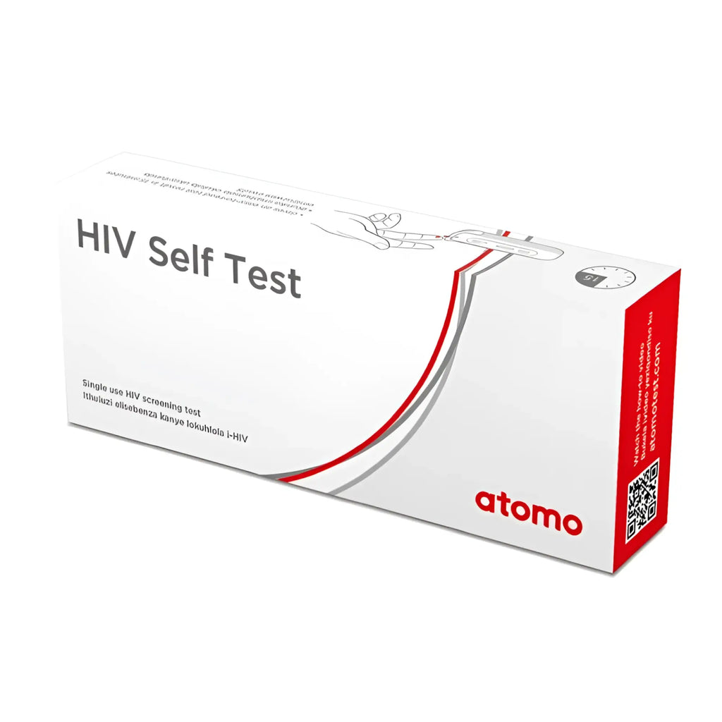 White and red rectangular box for daytona hiv self test kit containing atomo hiv self test for private use