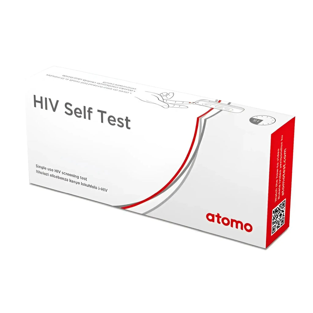 White and red rectangular box for daytona hiv self test kit containing atomo hiv self test for private use