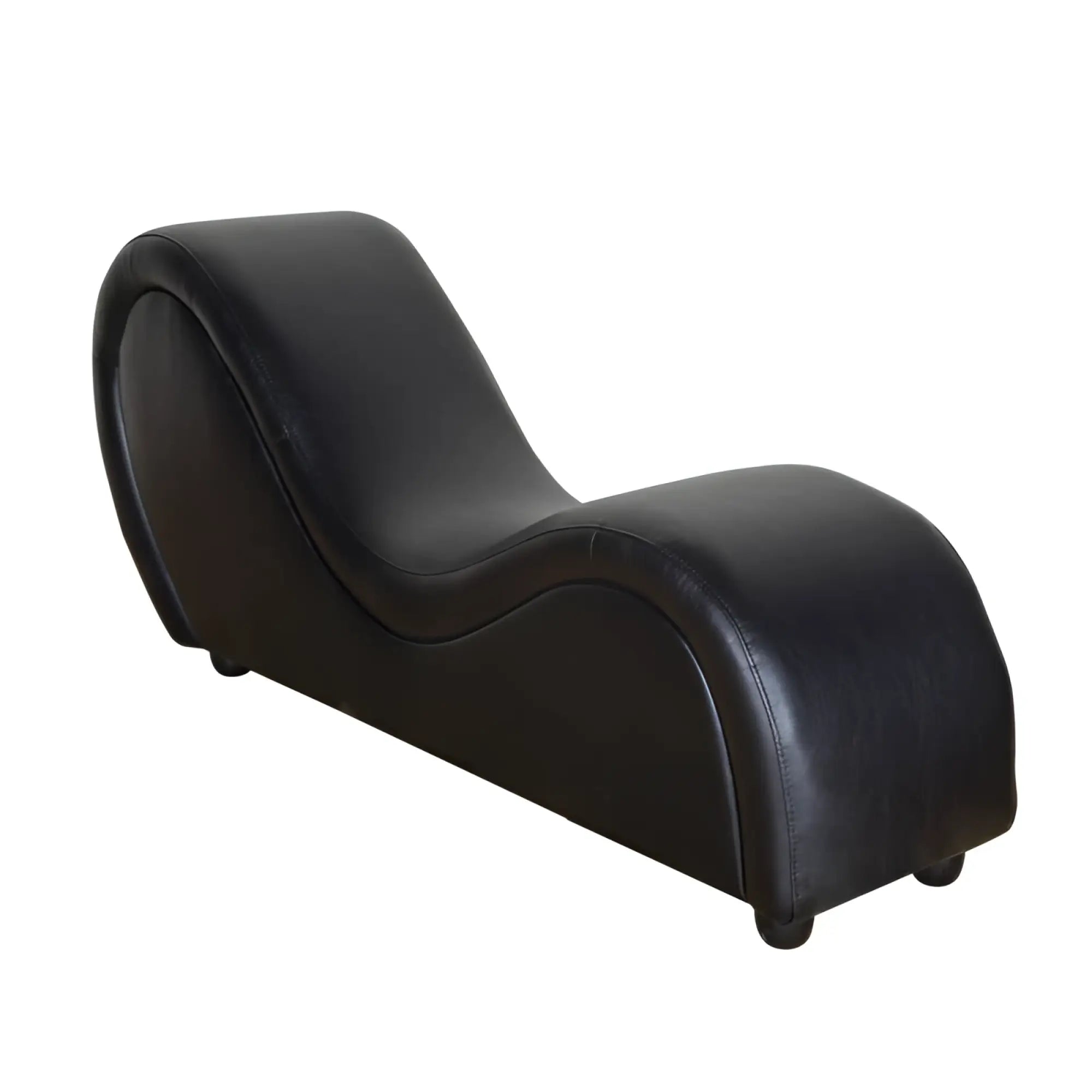 Black leather Daytona Kama Sutra Mebon chaise love lounge with curved ergonomic design and small wheels