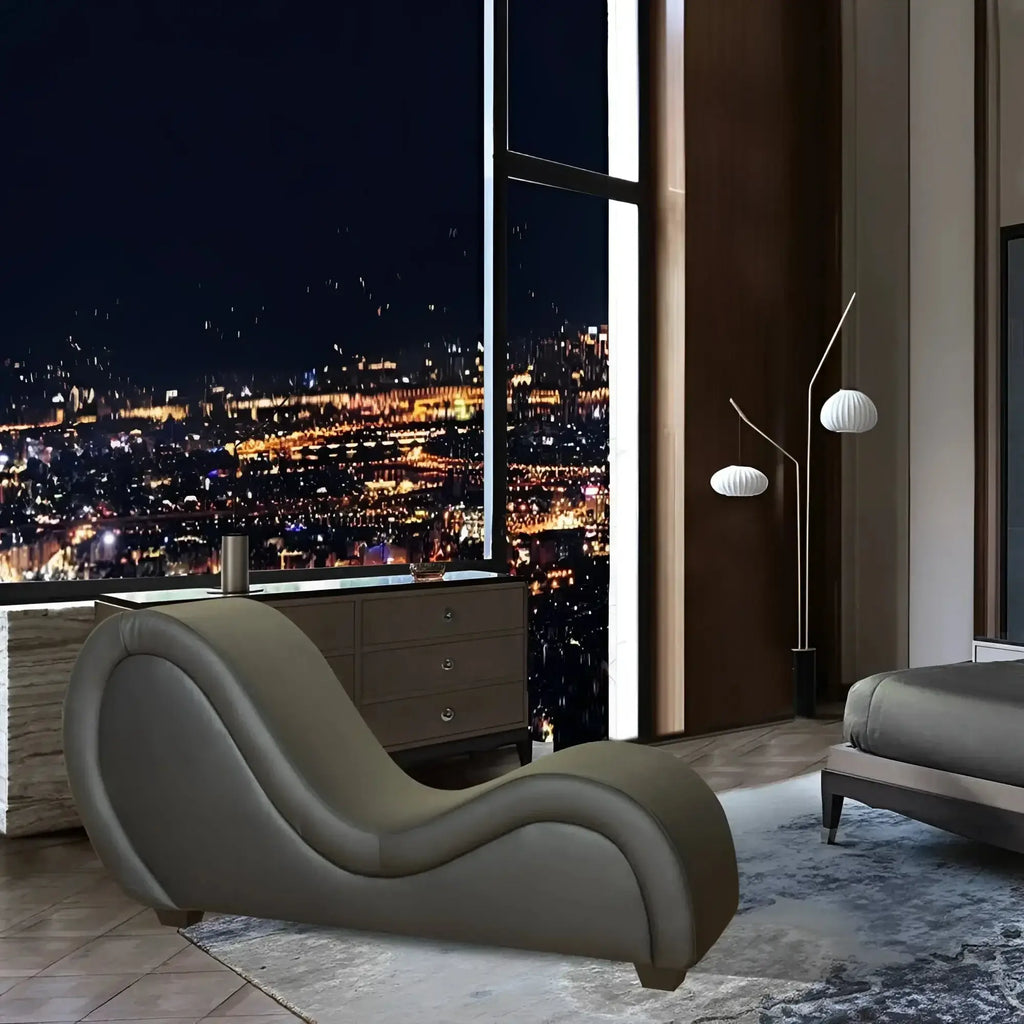 Sleek taupe leather chaise lounge with modern curved design from Daytona Kama Sutra Mebon Chaise Love Lounge Black collection
