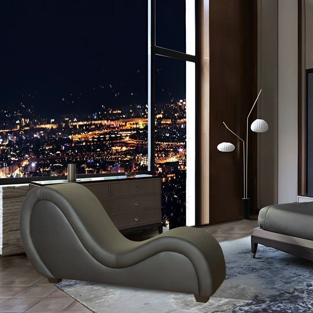 Sleek taupe leather chaise lounge with modern curved design from Daytona Kama Sutra Mebon Chaise Love Lounge Black collection