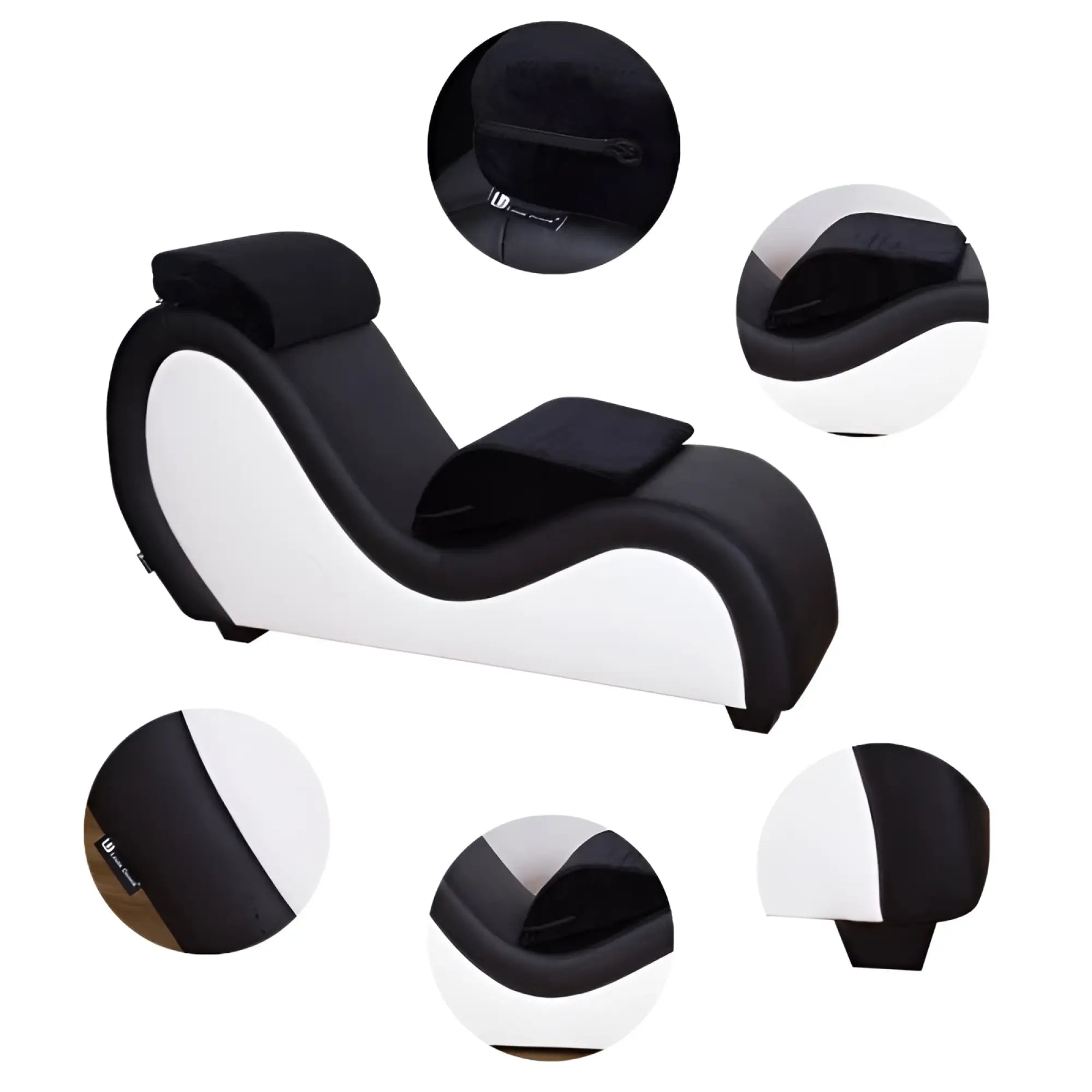 Black and white curved lounge chair with padded headrest and footrest upholstered in smooth faux leather