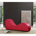 A vibrant red Daytona Kama Sutra Mebon chaise love lounge with sleek curves upholstered in smooth fabric