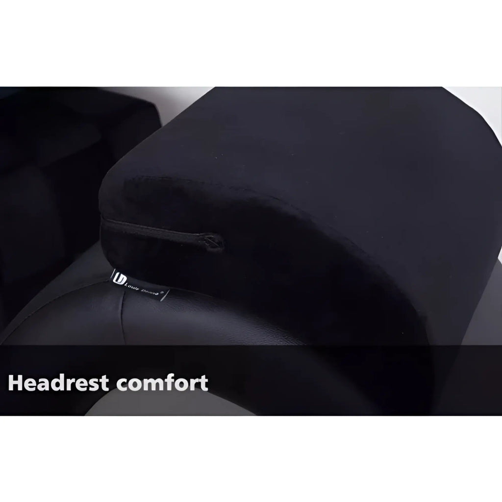 Black plush headrest cushion with zipper closure and branded tag for daytona kama sutra mebon chaise love lounge pillows
