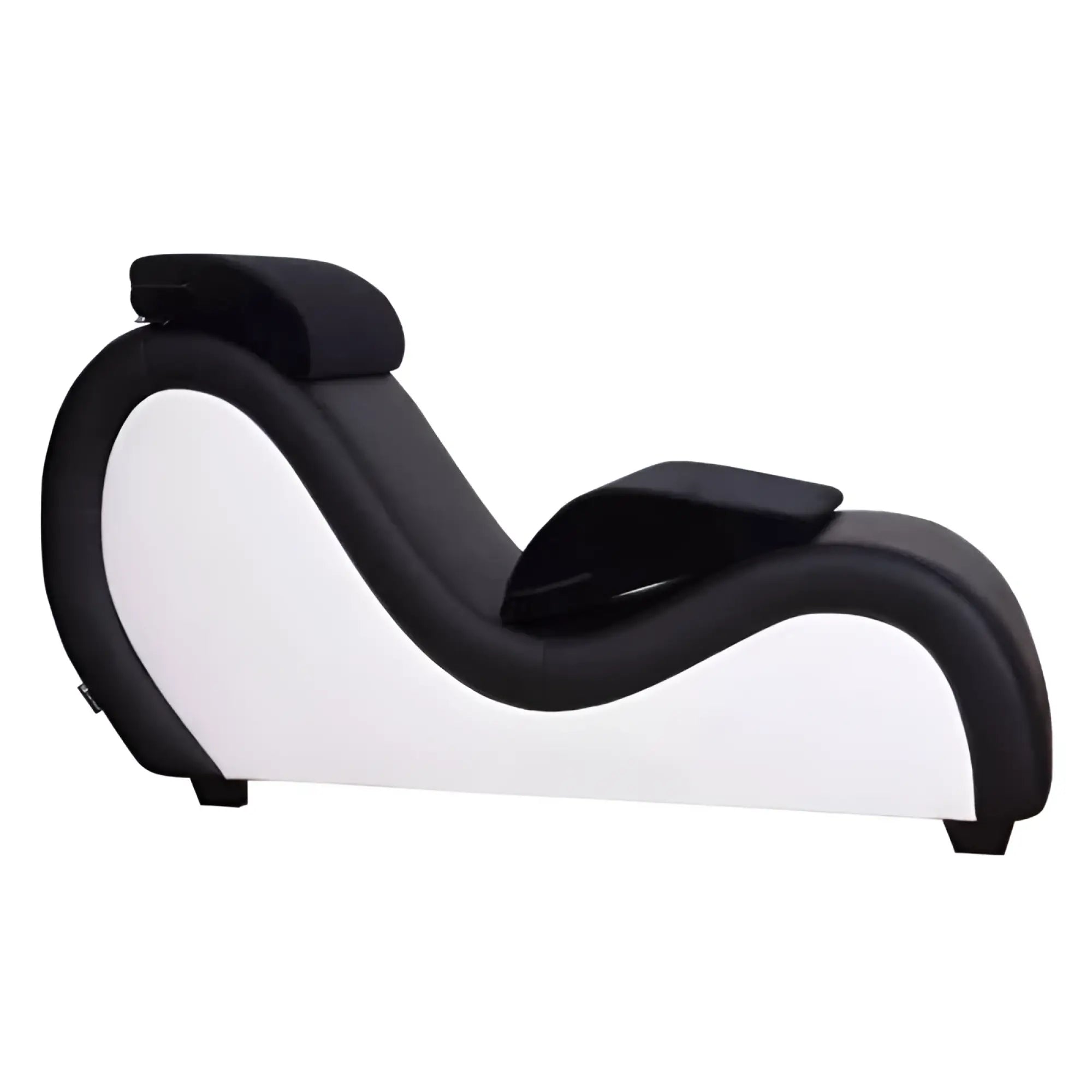 Black and white curved Daytona Kama Sutra Mebon chaise love lounge with padded headrest and armrests and red with black pillows