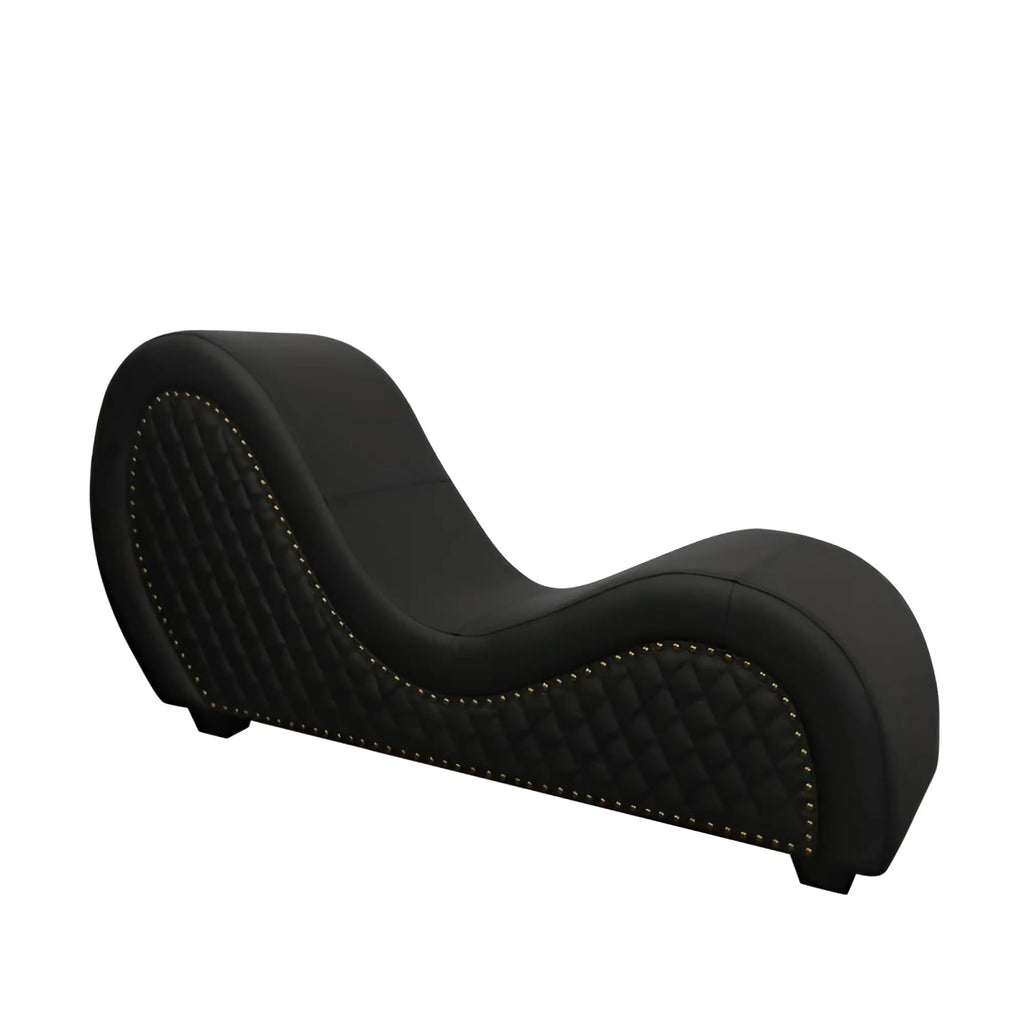 Black leather Daytona Kama Sutra Mebon chaise lounge with quilted diamond stitching and silver nailhead trim