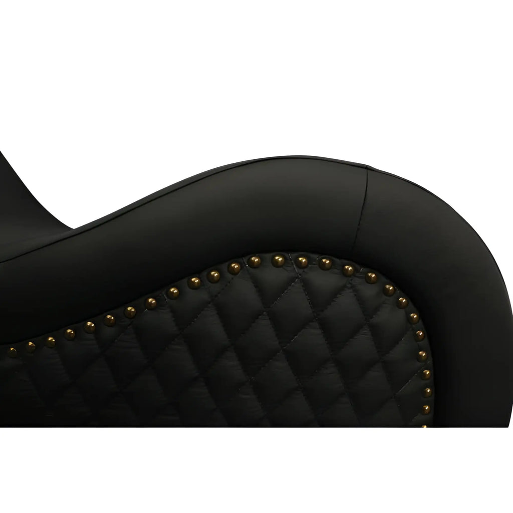 Back of daytona kama sutra mebon chaise love lounge showing black quilted leather with gold nailhead trim