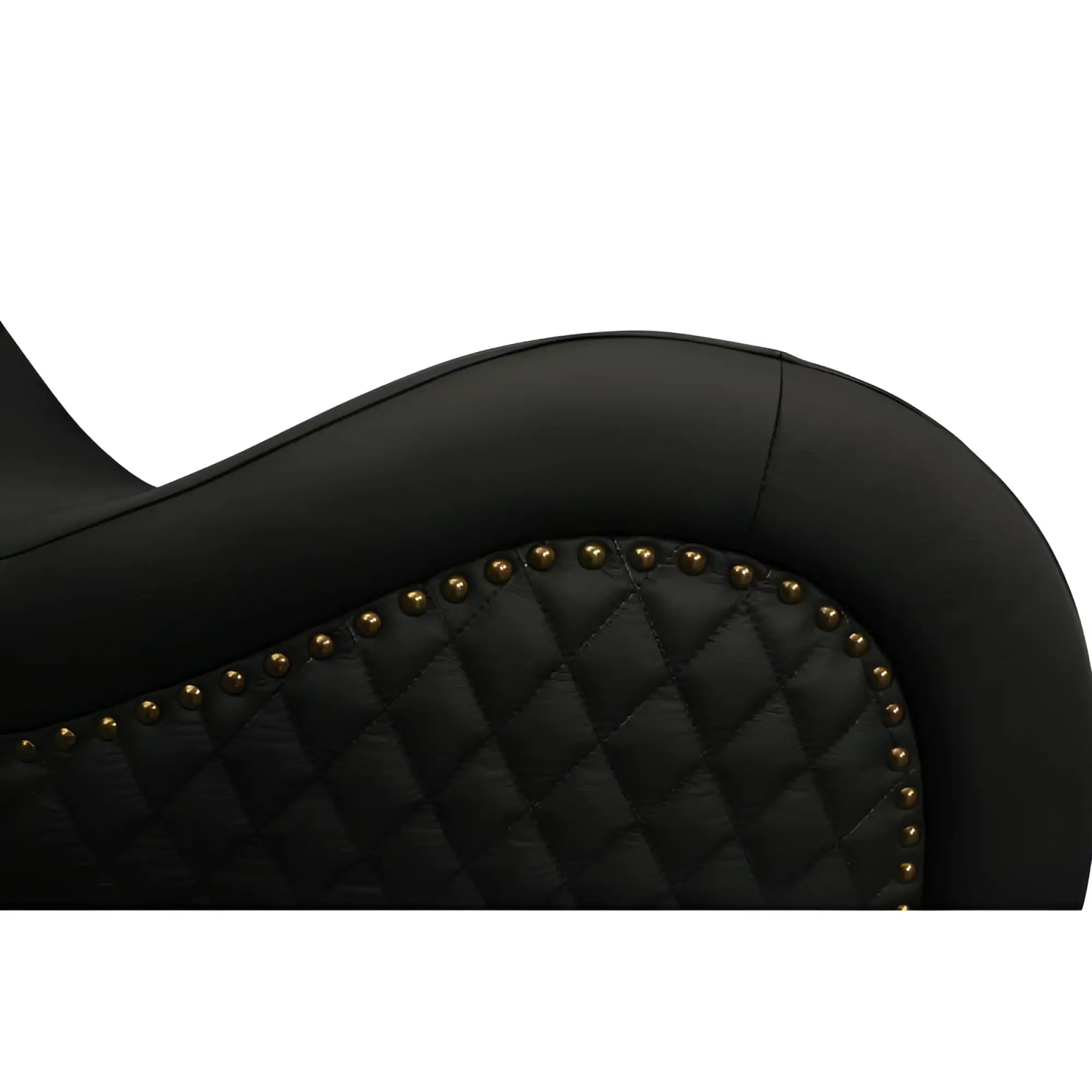 Back of daytona kama sutra mebon chaise love lounge showing black quilted leather with gold nailhead trim