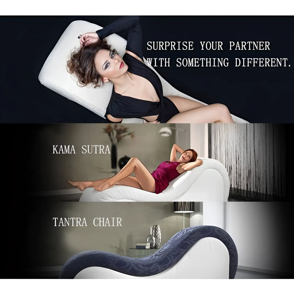 Daytona Kama Sutra Mebon chaise love lounge studded black quilted white and navy blue upholstered tantra chair with curved design