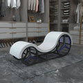 White curved chaise lounge chair with metal frame and black wheels featuring blue LED illuminated spokes