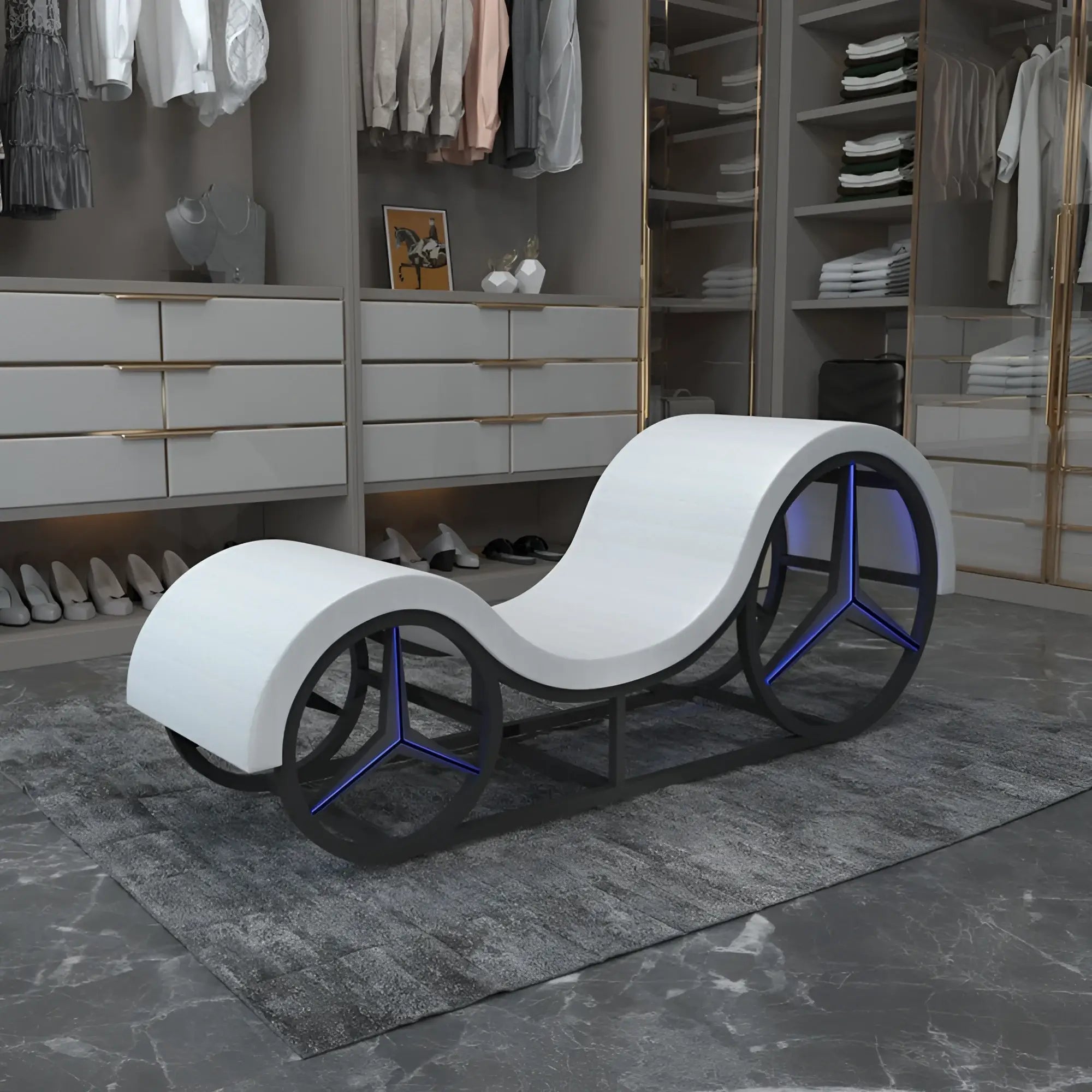 White curved chaise lounge chair with metal frame and black wheels featuring blue LED illuminated spokes