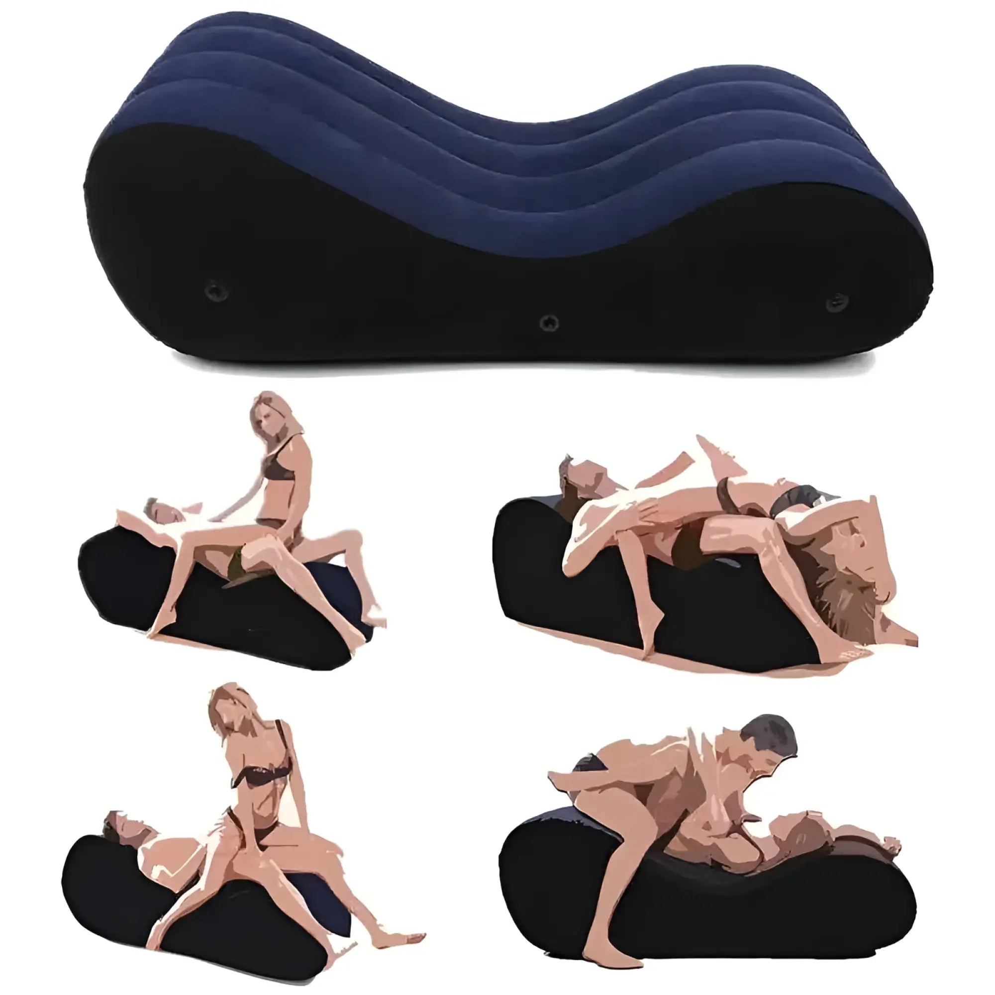 Inflatable blue and black curved love seat with segmented design made of suede featuring a handrail for comfortable lounging