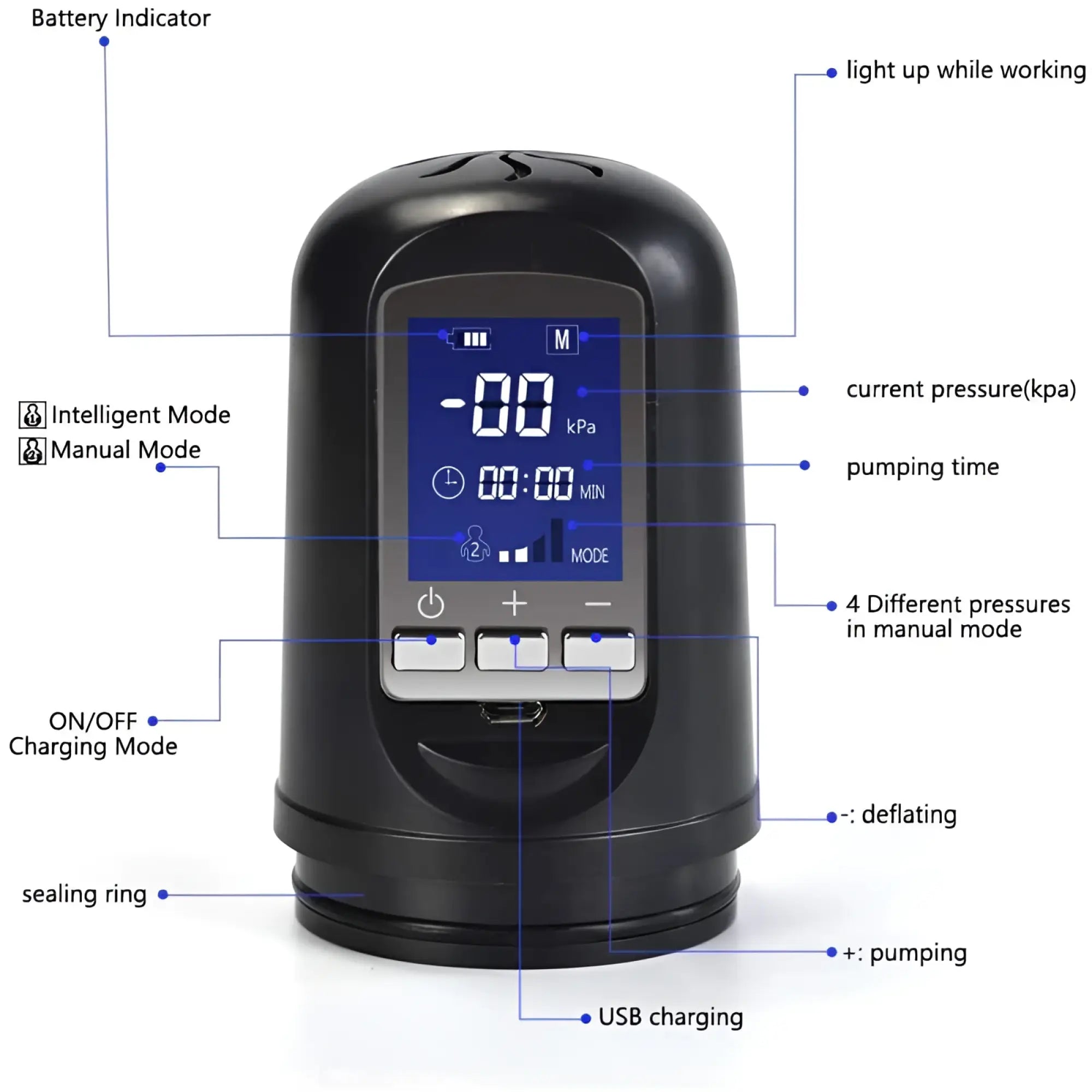 Black digital air pump daytona luxury usb lcd auto-pump clear with blue screen showing pressure and time readings