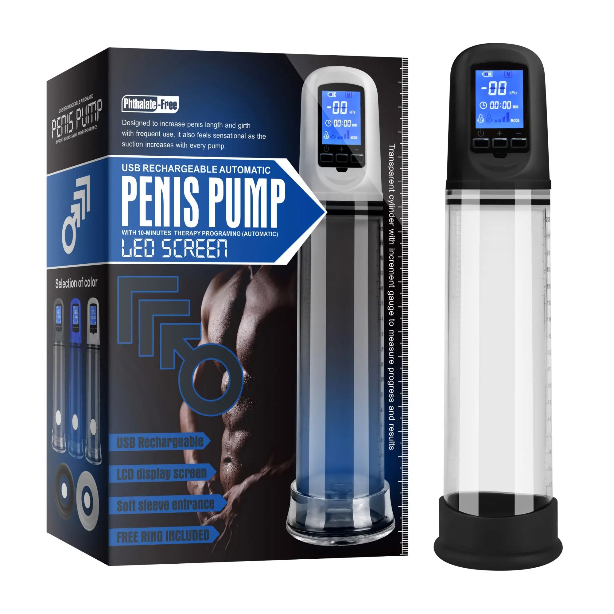 Daytona luxury usb lcd auto-pump clear black and transparent cylindrical penis pump with digital led screen on top