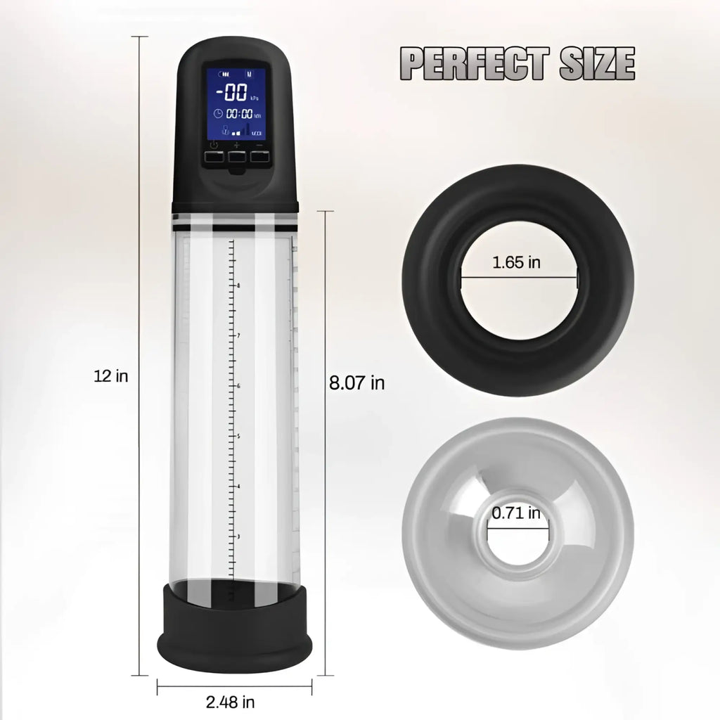 Daytona luxury usb lcd auto-pump clear vacuum pump with black and transparent body and digital display with measurement markings