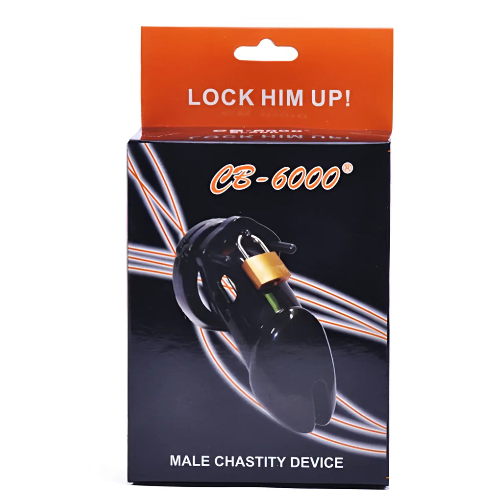 Black cb-6000 male chastity device with gold lock in the Daytona male chastity kit black, front view