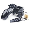 Daytona male chastity kit black with a glossy plastic cage, matching rings, and a brass padlock displayed front view
