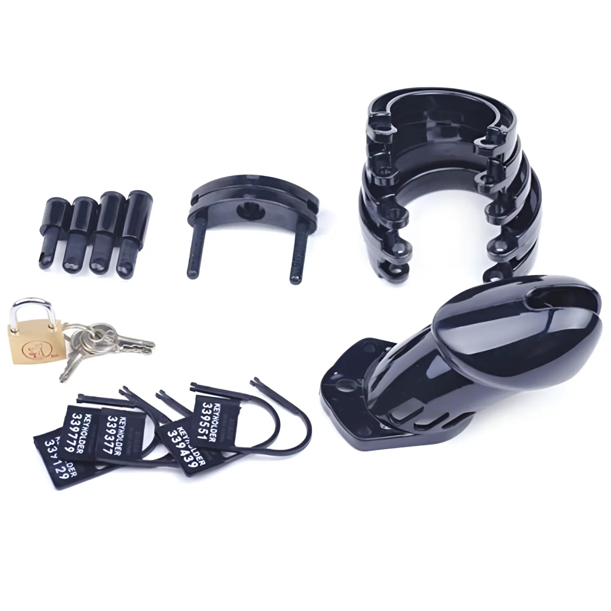 Black plastic Daytona male chastity kit featuring a chastity cage with matching black lock and keys