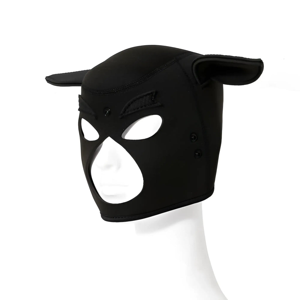 Black silicone Daytona neoprene pig mask with pointed ears and eye cutouts for animal costume use