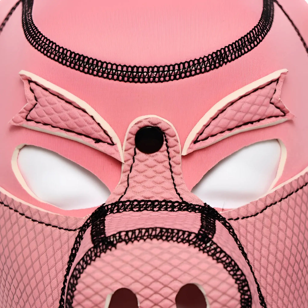Daytona neoprene pig mask pink with quilted texture and black stitched details for costume or cosplay use