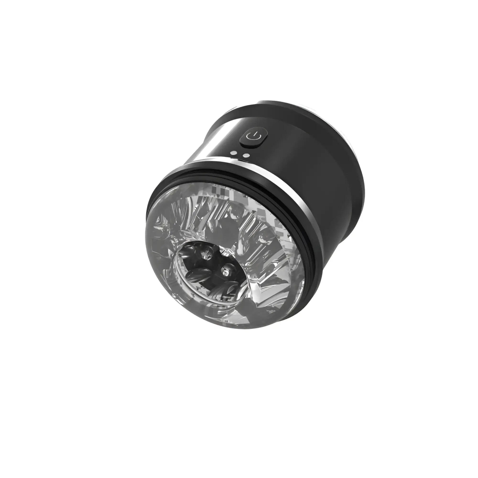 Black cylindrical Daytona Onyx dual open ended penis trainer with clear textured front panel and silver accent ring