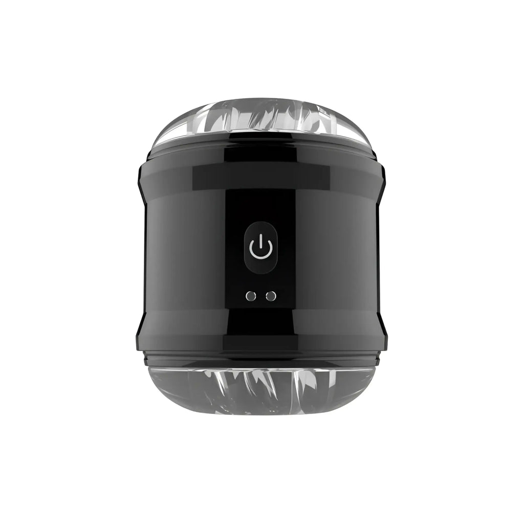 Black cylindrical daytona onyx dual open ended penis trainer with glossy finish transparent domed ends and illuminated power button