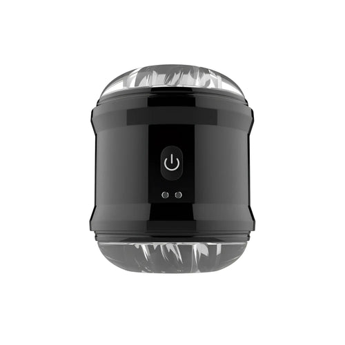 Black cylindrical daytona onyx dual open ended penis trainer with glossy finish transparent domed ends and illuminated power button