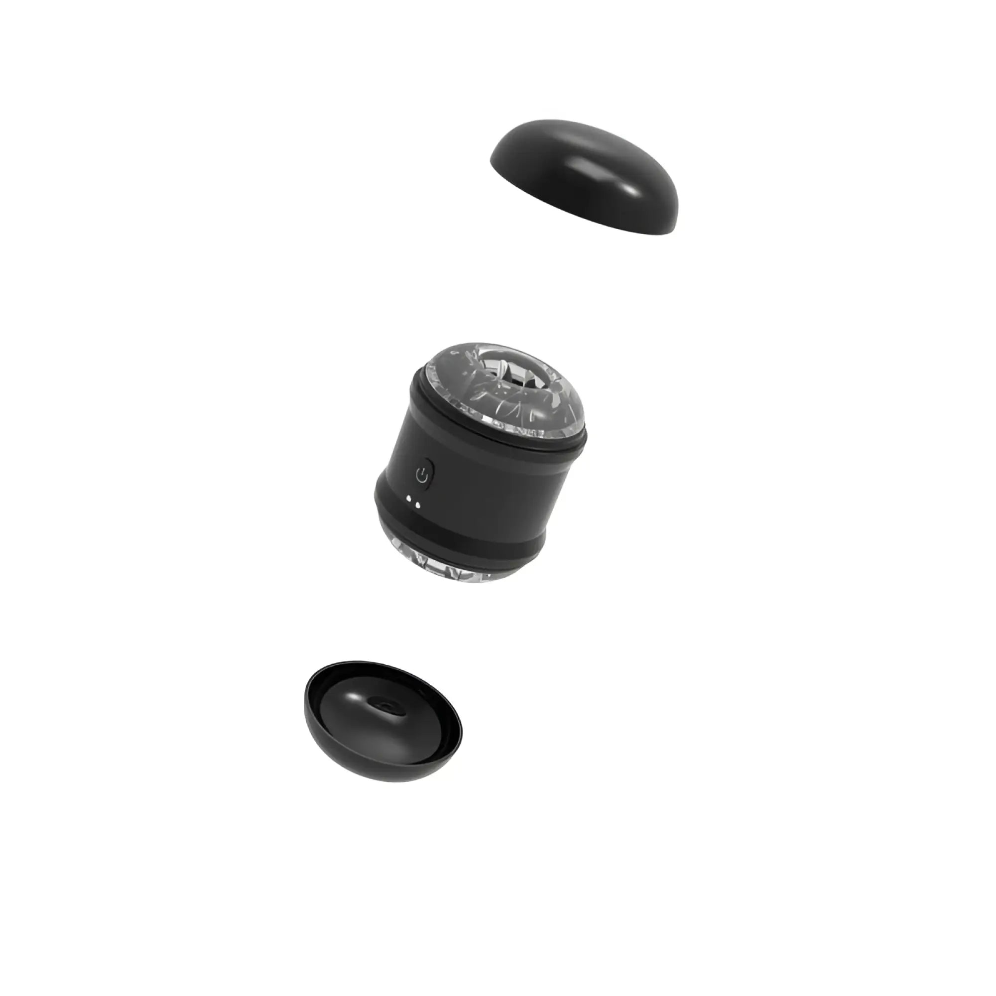 Black cylindrical daytona onyx dual open ended penis trainer with transparent textured caps and side power button