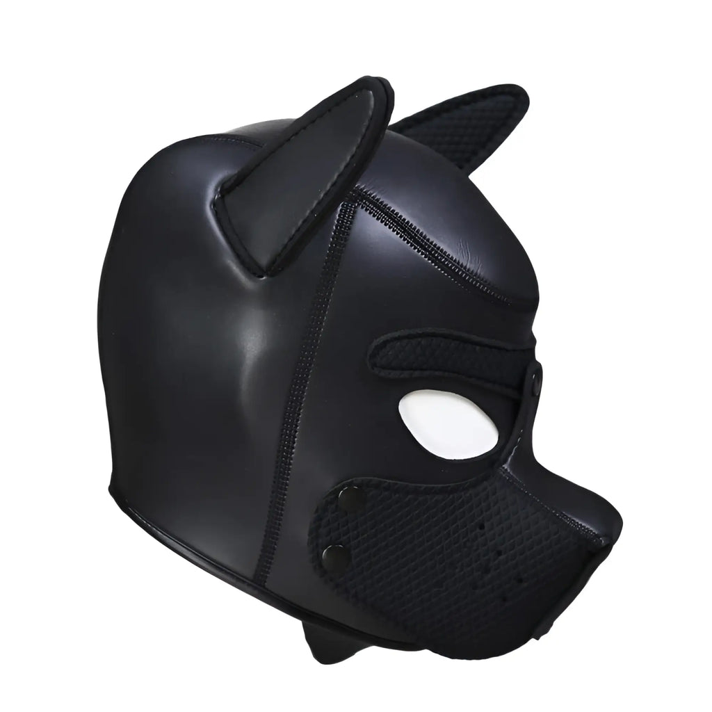 Daytona puppy play mask black black faux leather with stitched ears and mesh ventilation on the snout