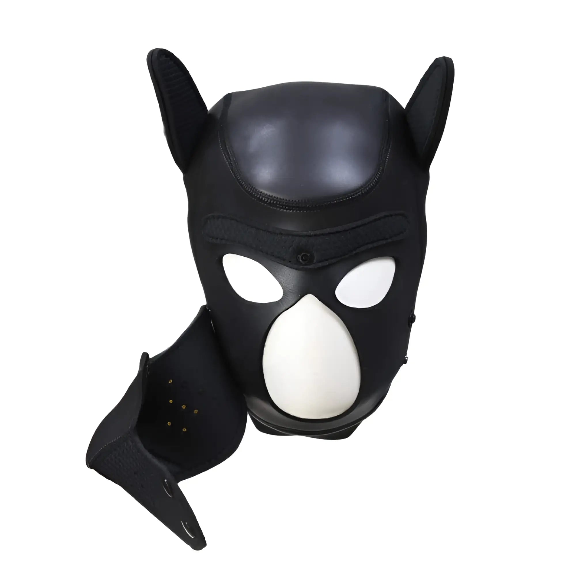 Daytona puppy play mask black made of black leather with white eye and nose cutouts and adjustable ear flaps