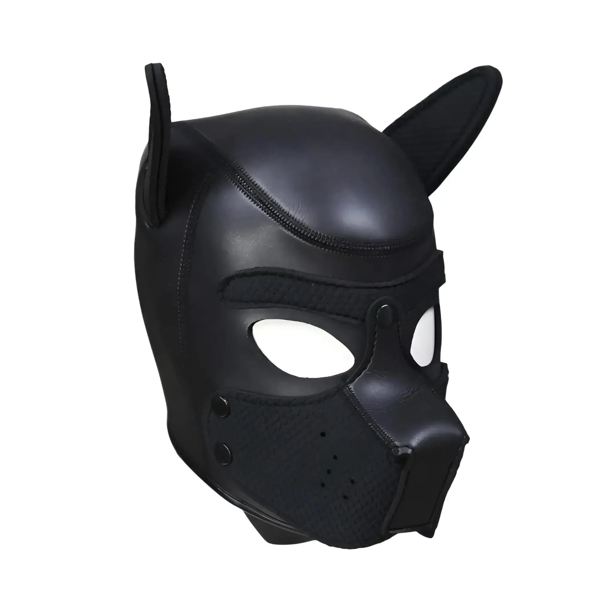 Black leather dog mask with stitched ears and eye cutouts from daytona puppy play mask black product line