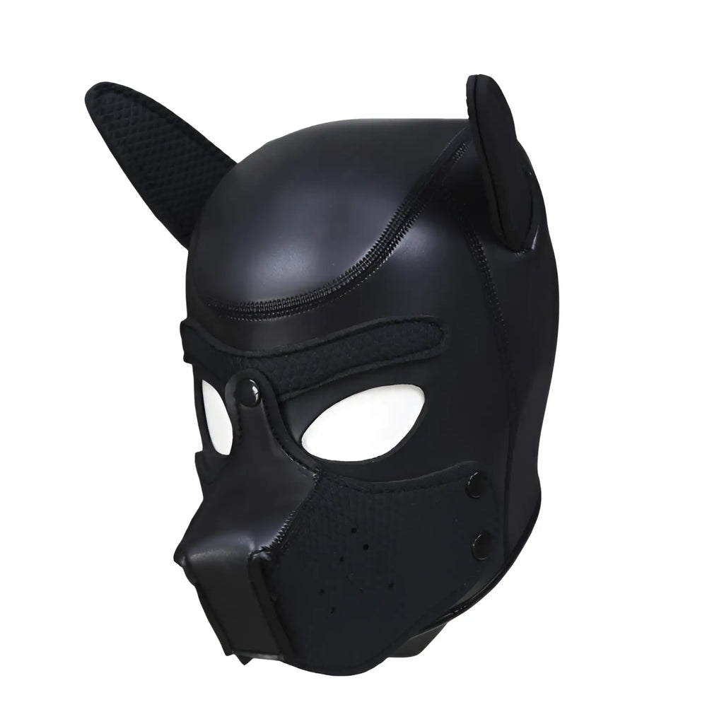 Daytona Puppy Play Mask black made of black leather with stitched ears and eye cutouts for puppy play