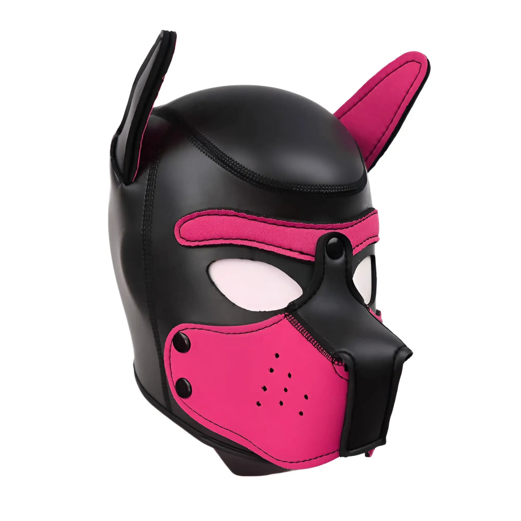Daytona puppy play mask pink black and pink faux leather dog mask with stitched details and snout design