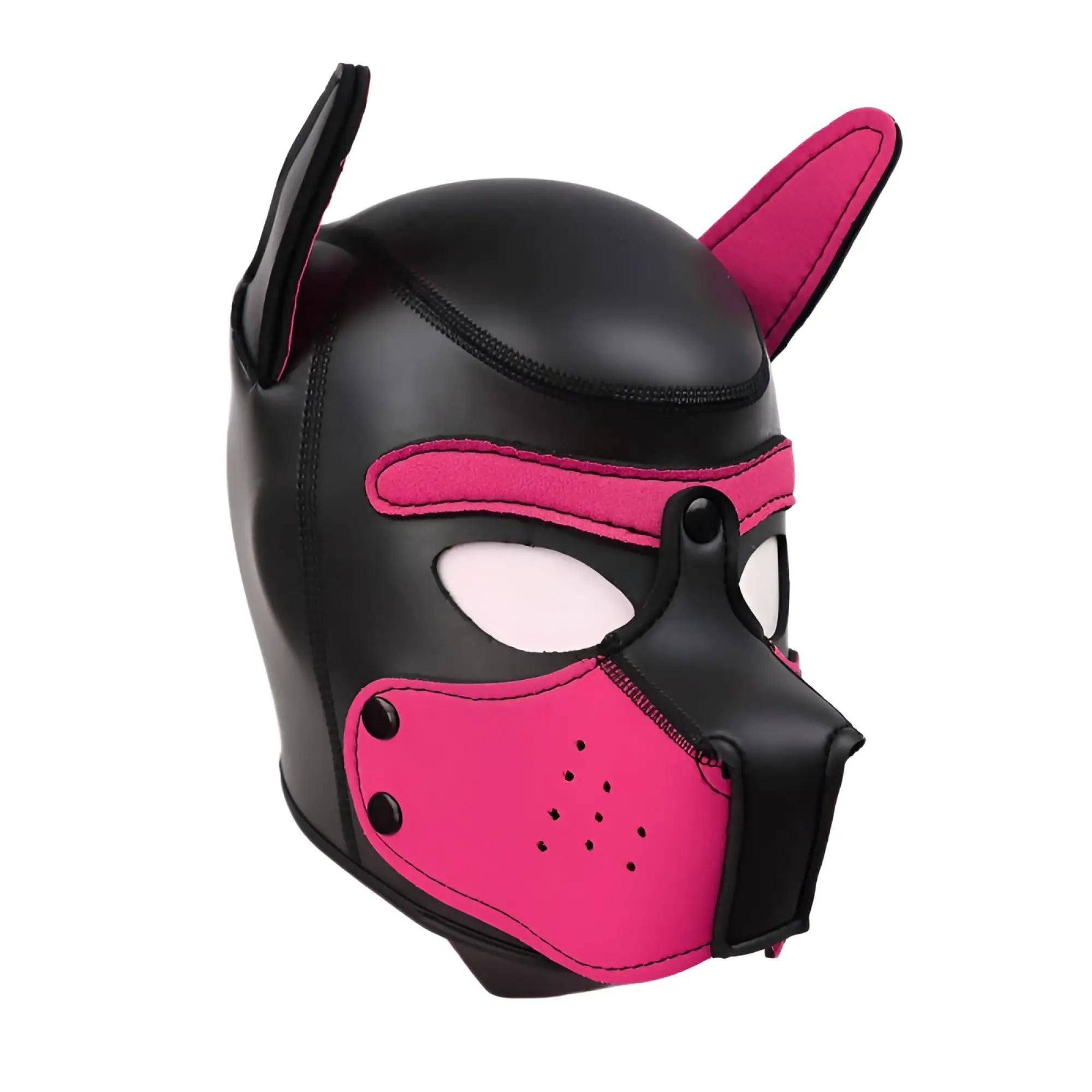 Daytona puppy play mask pink black and pink faux leather dog mask with stitched details and snout design