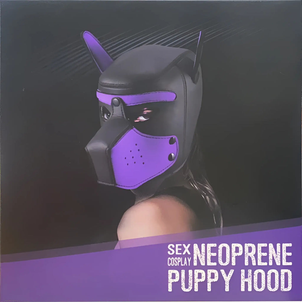 Daytona puppy play mask pink purple and black neoprene hood with pointed ears and eye openings for puppy play