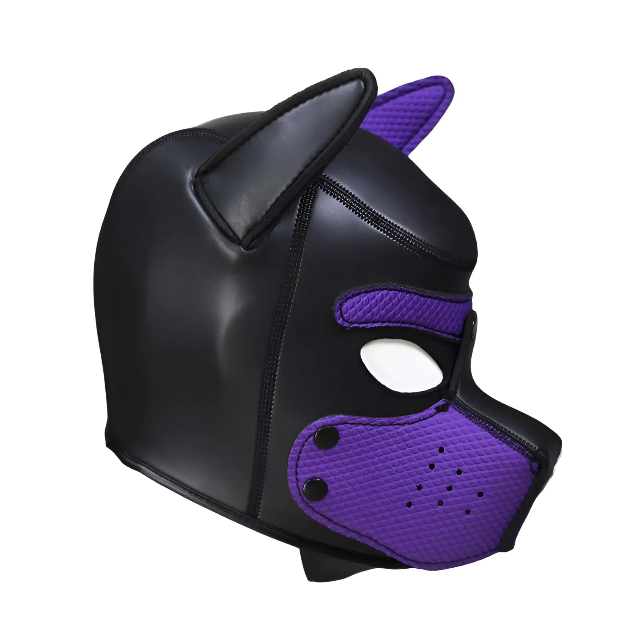 Daytona puppy play mask purple black and purple faux leather dog mask with textured mesh panels on the muzzle