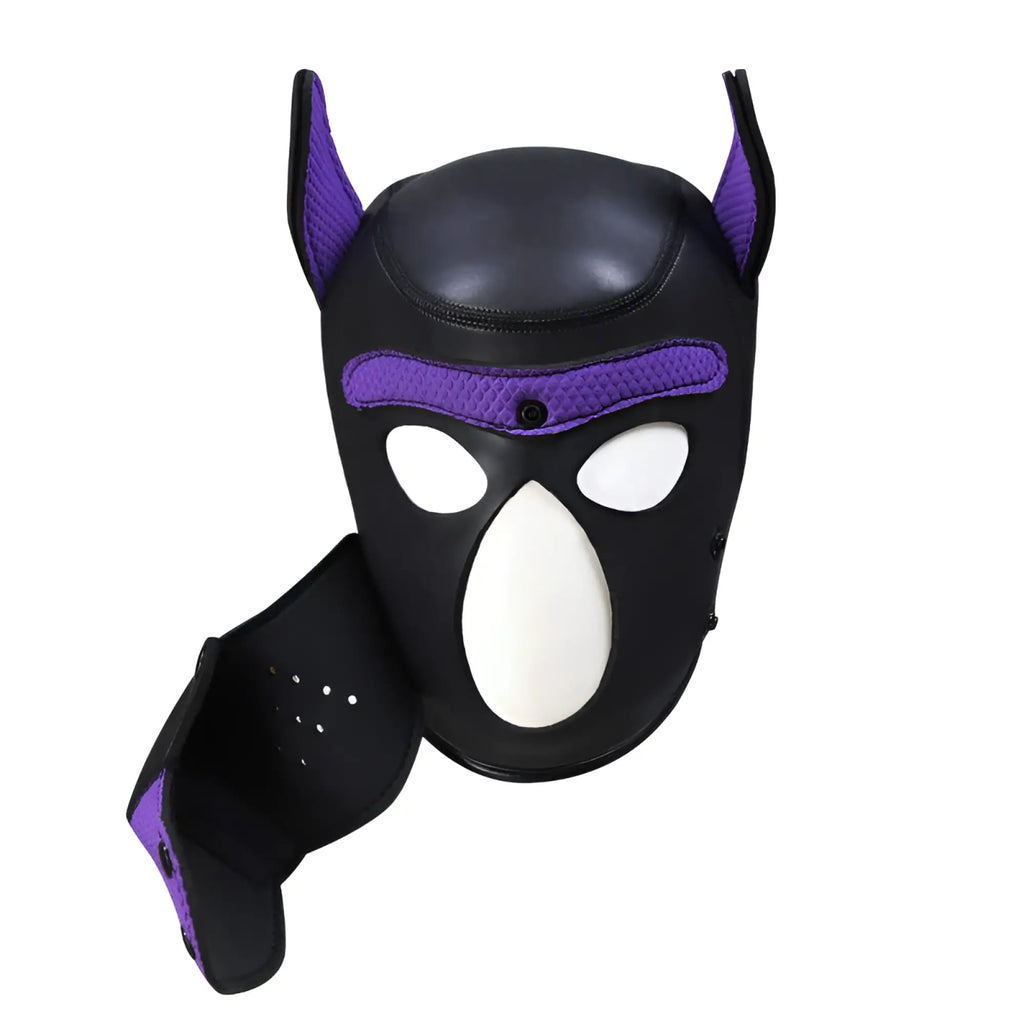 Daytona Puppy Play Mask purple black and purple leather dog mask with white eye nose cutouts and mesh ear detailing