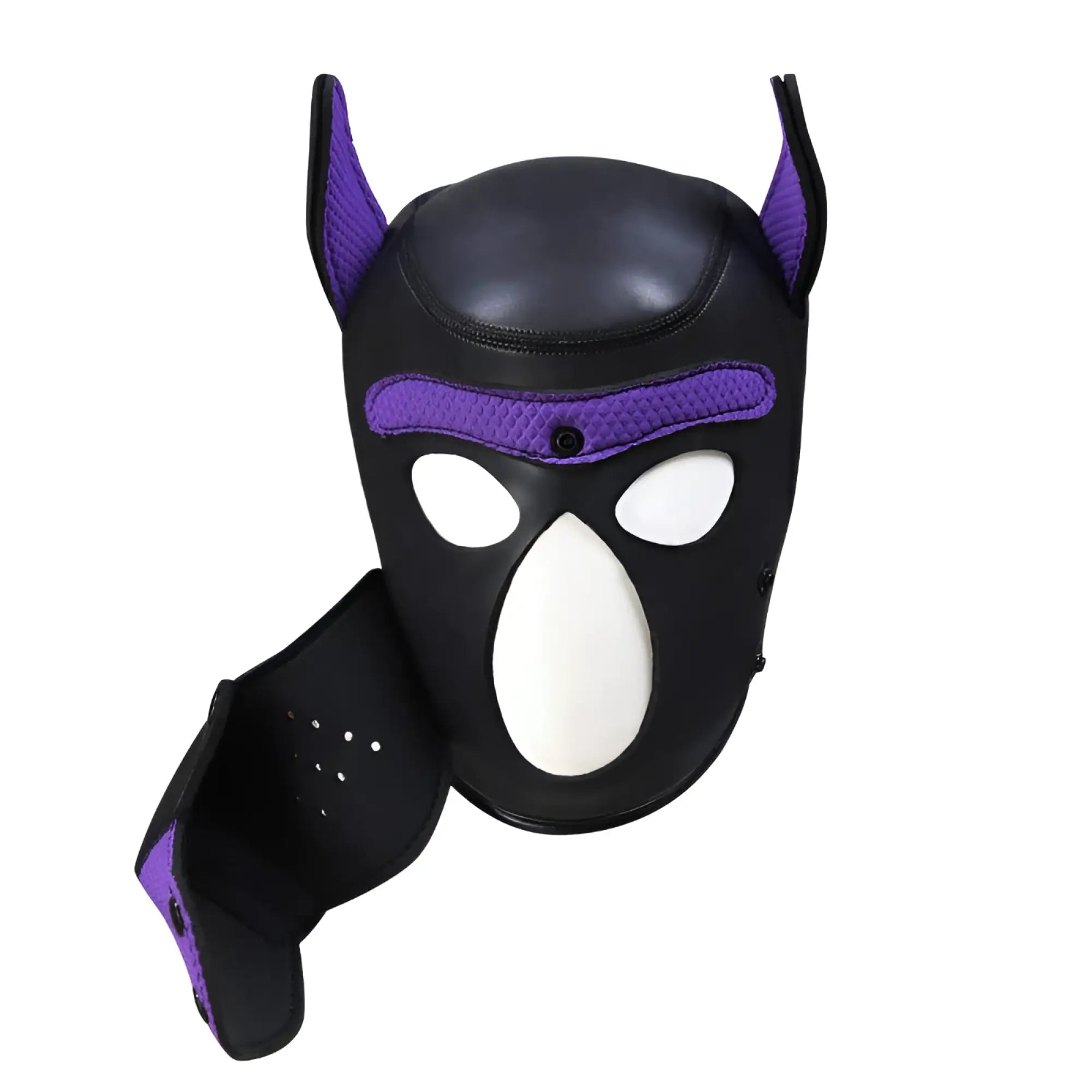 Daytona Puppy Play Mask purple black and purple leather dog mask with white eye nose cutouts and mesh ear detailing
