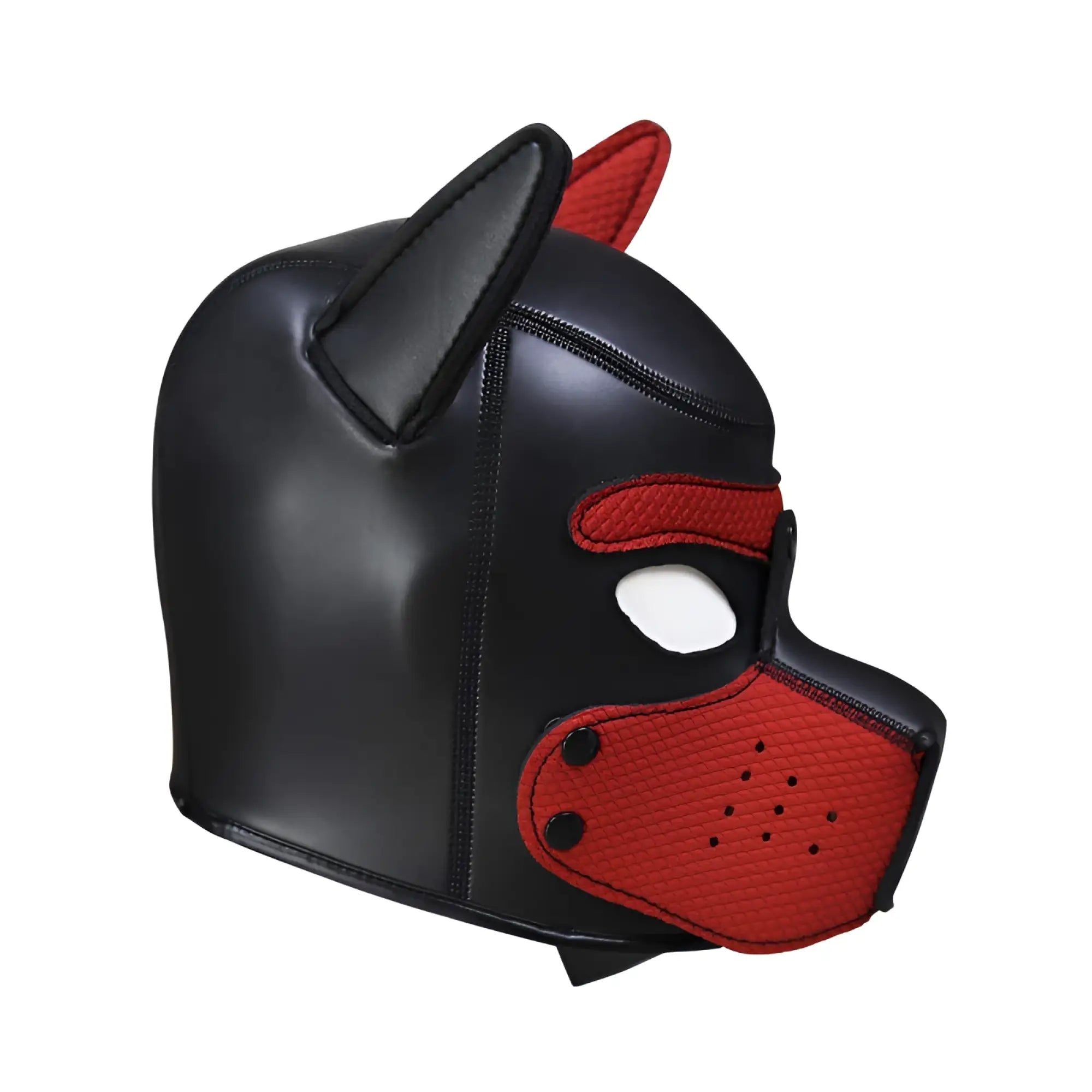 Daytona puppy play mask red black and red faux leather with pointed ears textured snout and stitched seams