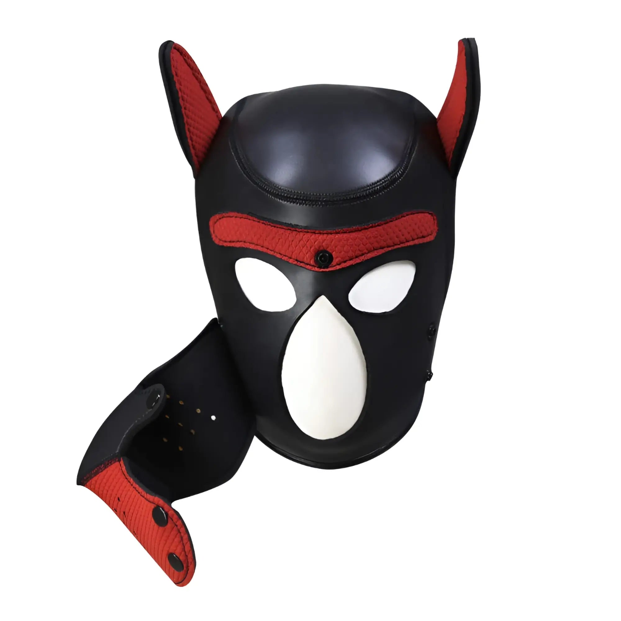 Daytona puppy play mask red black and red leather dog mask with white eye and nose cutouts for puppy play sessions