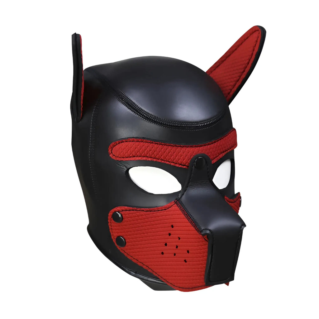 Black and red leather Daytona puppy play mask with stitched details and textured snout pattern for puppy play
