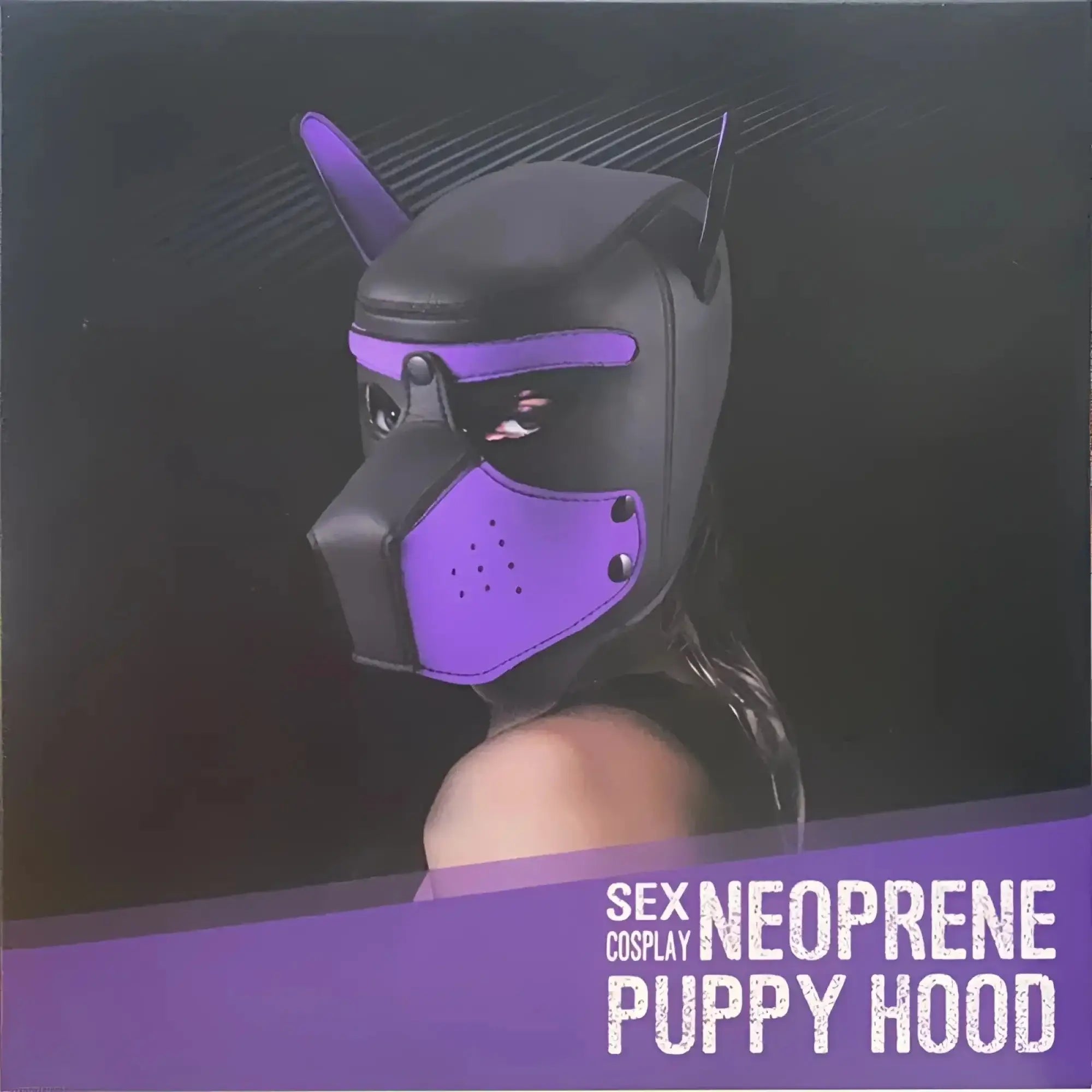 Purple and black neoprene puppy play mask with pointed ears and eye openings for Daytona puppy play use