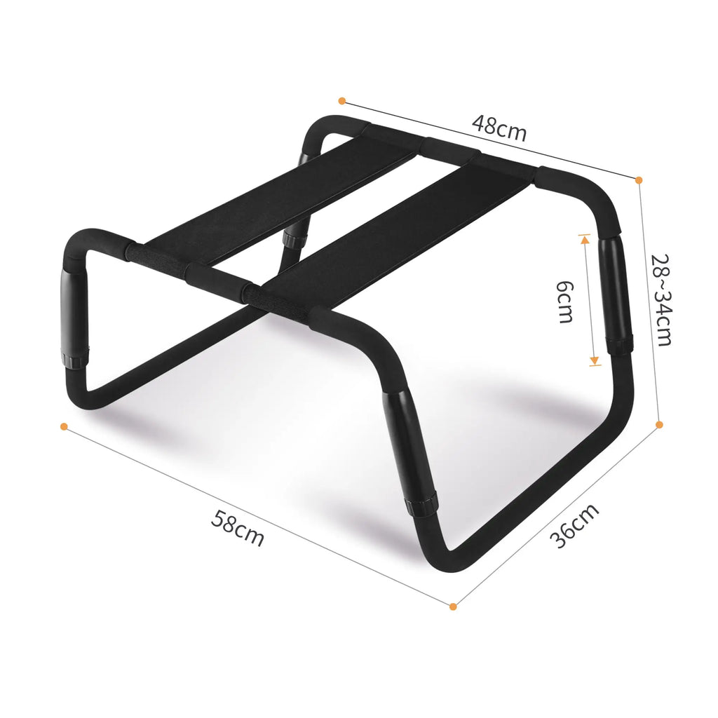 Black metal frame with padded fabric straps on daytona sex chair adjustable height black pu seat for ergonomic support