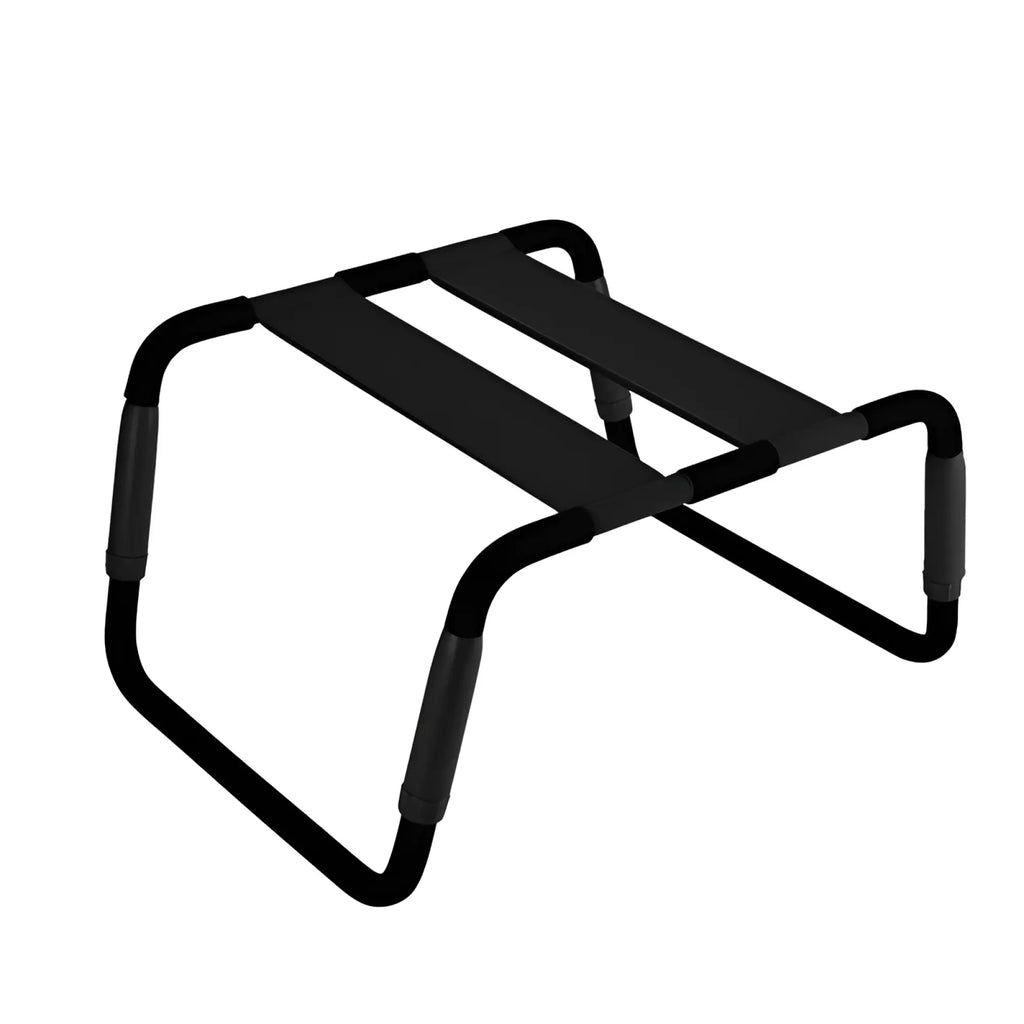 Black metal frame Daytona sex chair with adjustable height and padded black PU seat designed for adult use