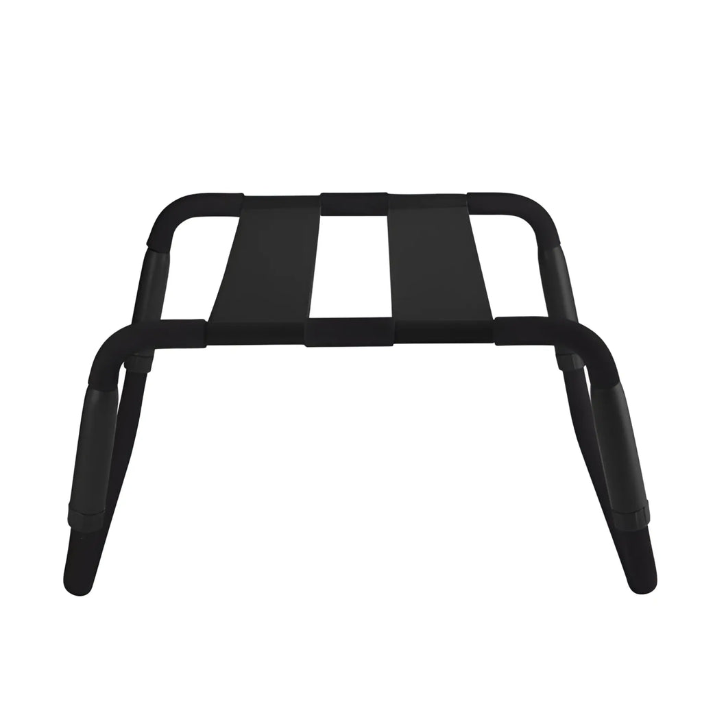 Black metal luggage rack with padded straps and curved legs for daytona sex chair adjustable height black pu seat