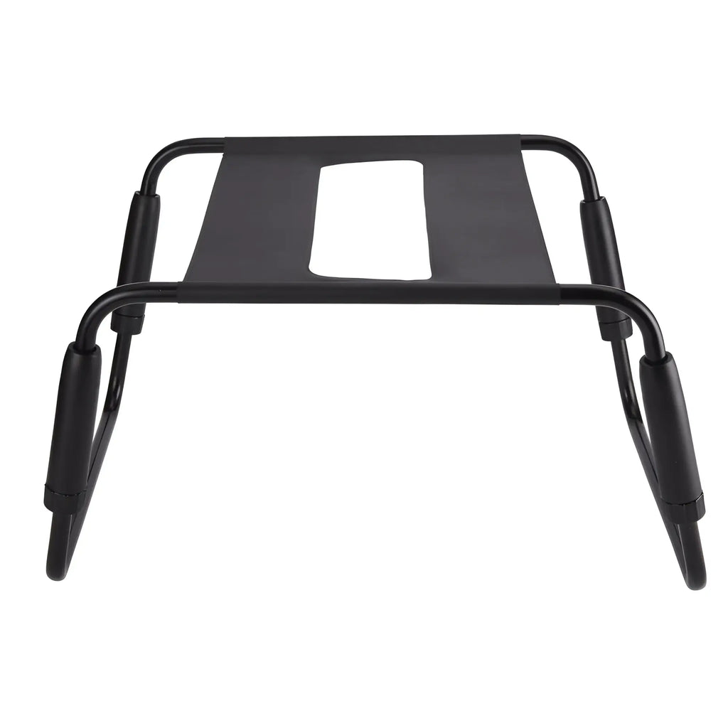 Black metal frame of Daytona sex chair with padded armrests and central cutout for ergonomic support