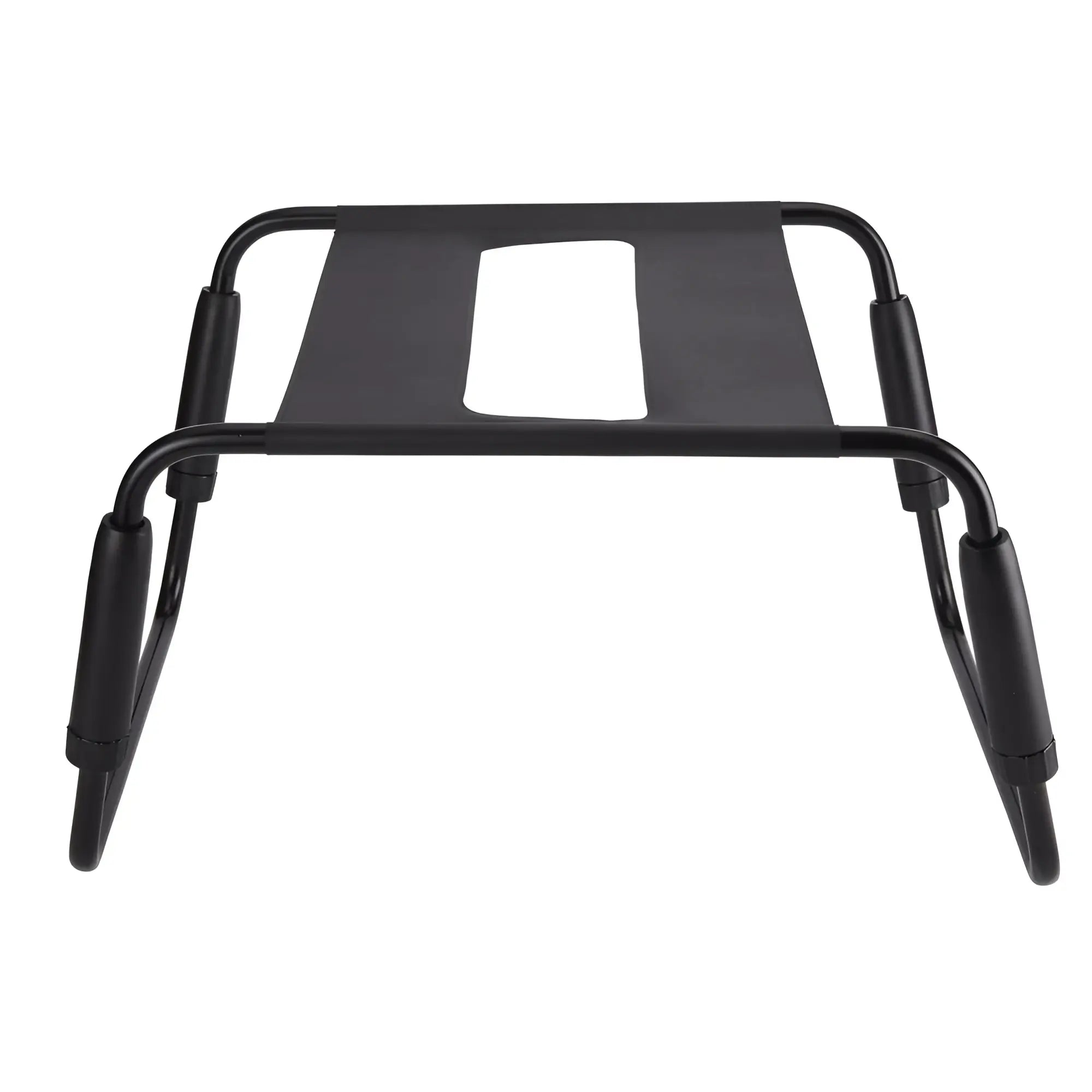 Black metal frame of Daytona sex chair with padded armrests and central cutout for ergonomic support